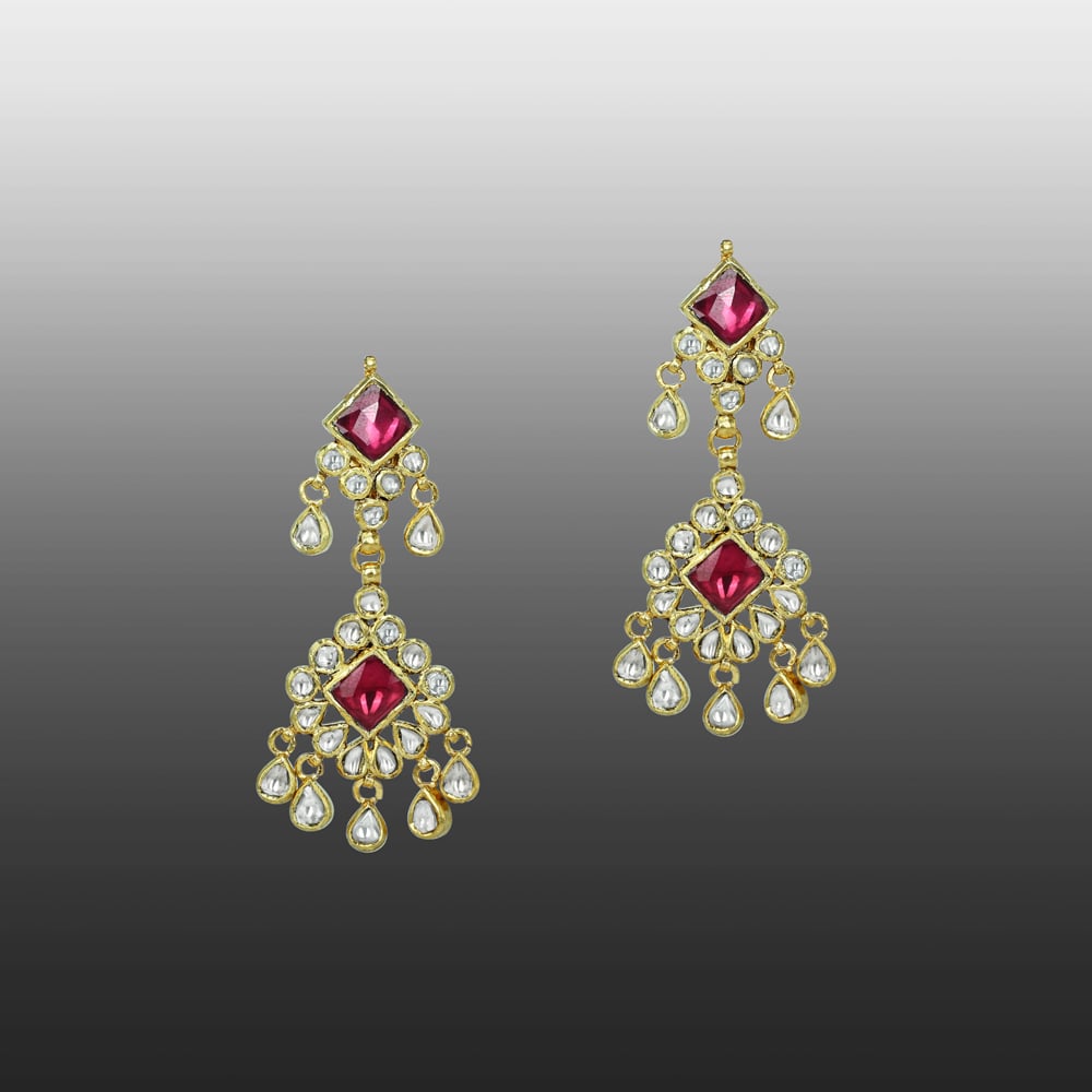 Ruby Square Chandelier Earrings with Polki Diamonds
